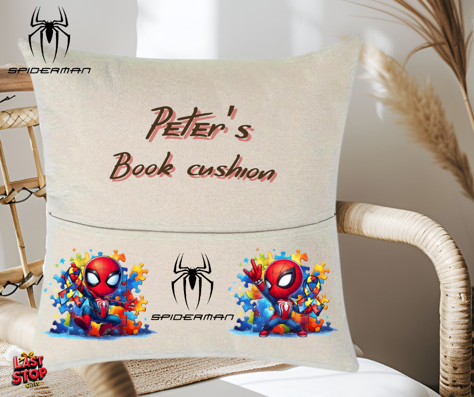 Autism awareness personalised Spiderman book pocket cushion