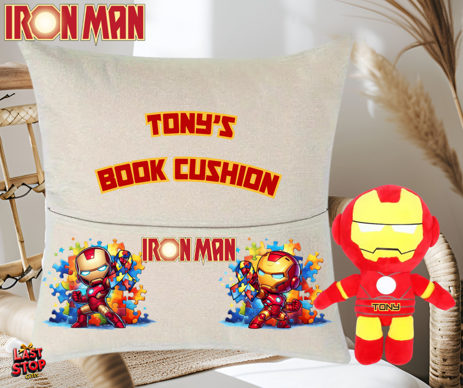 Autism Awareness personalised Iron Man reading cushion, personalised plushie