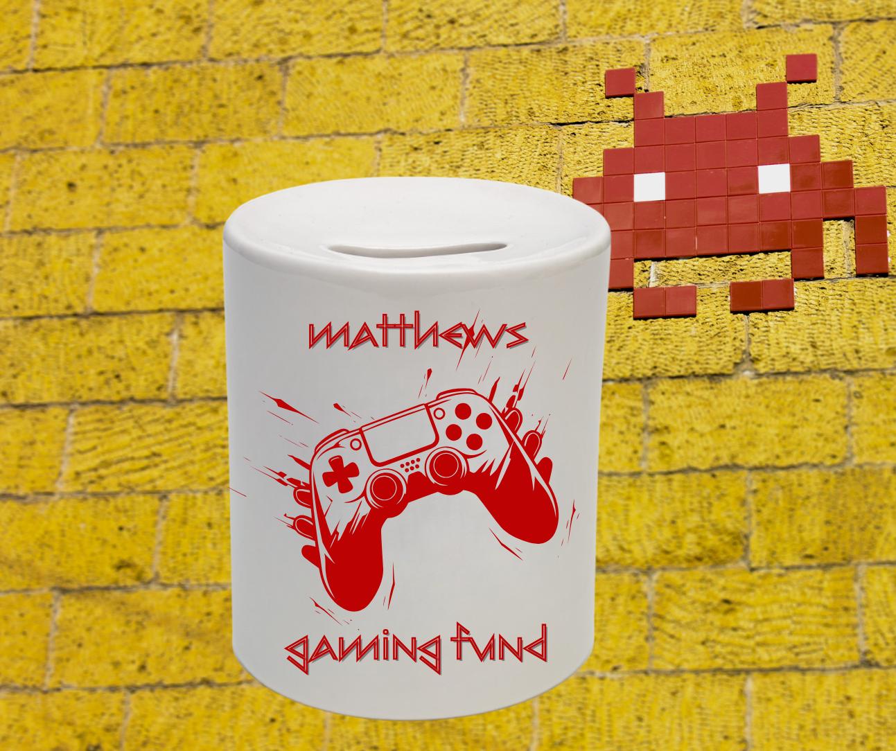 Personalised Ceramic Kids Piggy Bank for Gaming Fund - Money Box for Saving for Video Games