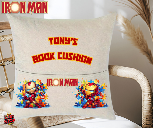 Autism Awareness personalised Iron Man reading cushion, personalised plushie