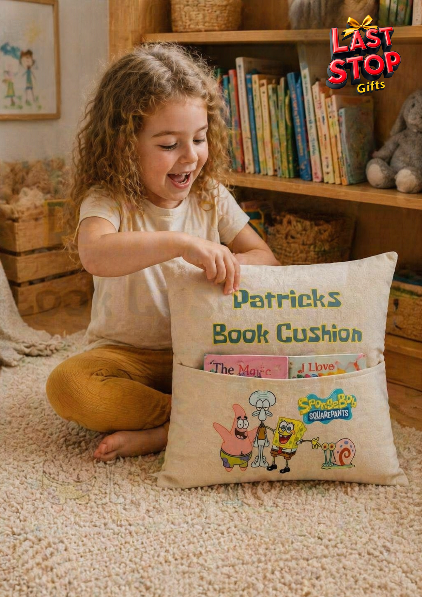 Personalised Sponge Bob Cushion with Book Pocket