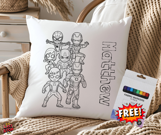 Personalised kids colouring cushion - Super heroes - FREE MARKERS