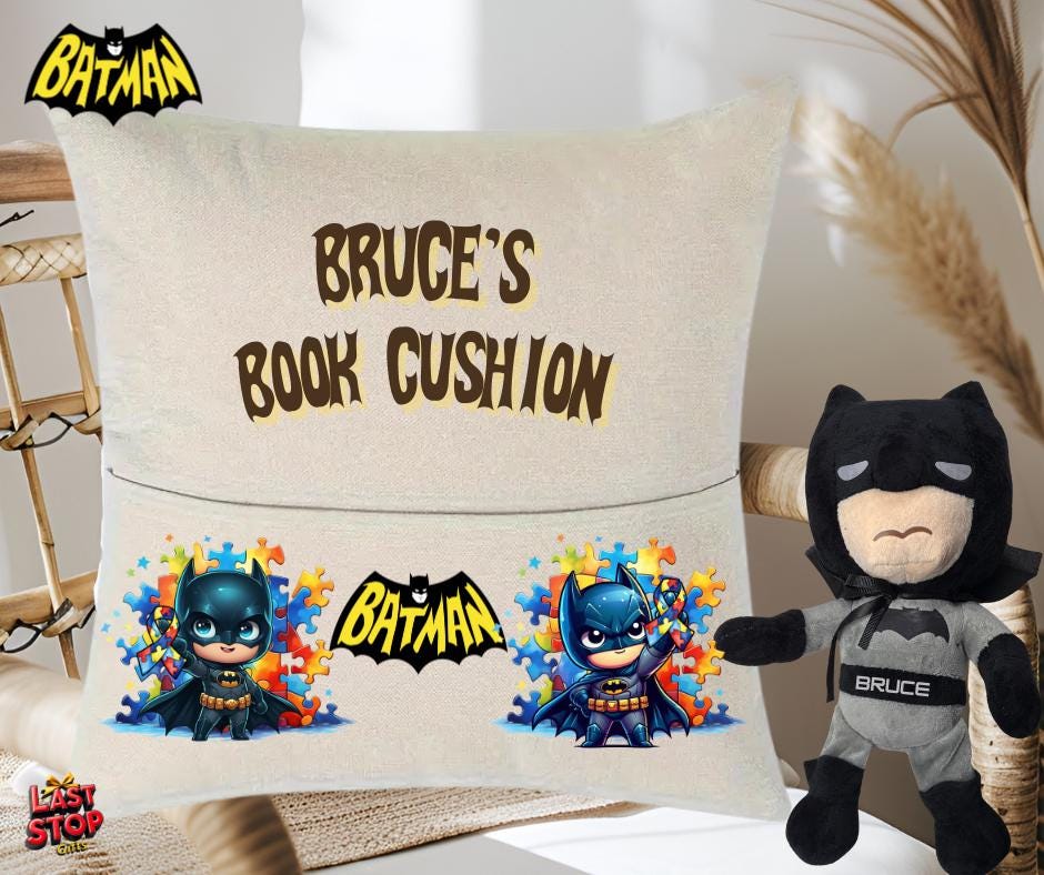 Autistic Awareness Personalised Batman Reading cushion, optional plushie