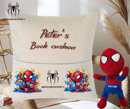 Autism awareness personalised Spiderman Reading pocket cushion