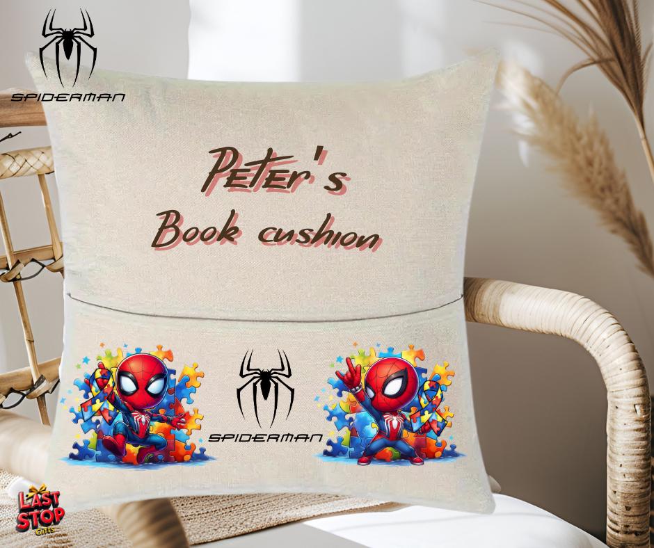 Autism awareness personalised Spiderman Reading pocket cushion