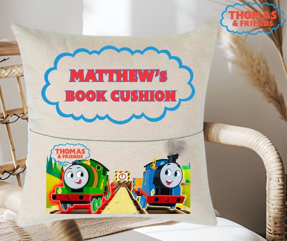 Personalized Thomas the Tank Engine Reading Cushion with Handy Pocket for Storytime Fun