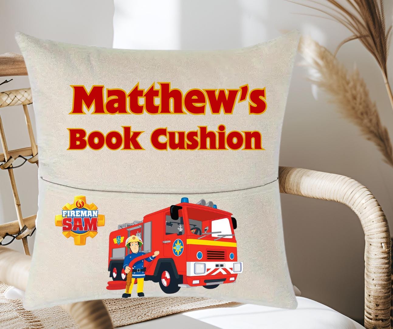 Personalized Fireman Sam Reading Cushion – Kids Book Pocket, Plushie Pal