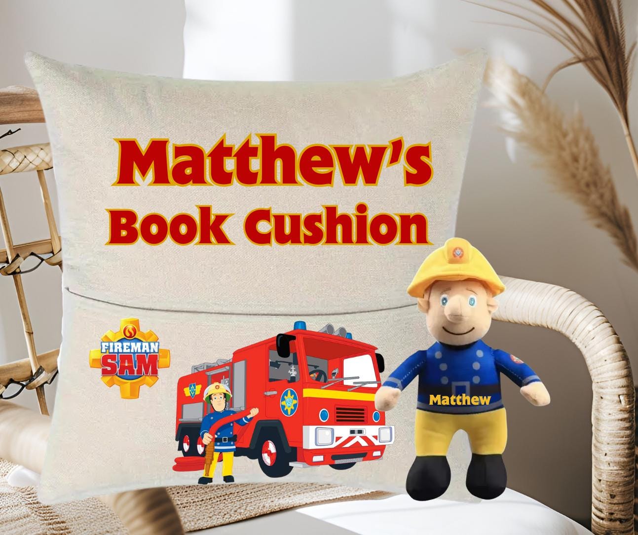 Personalized Fireman Sam Reading Cushion – Kids Book Pocket, Plushie Pal