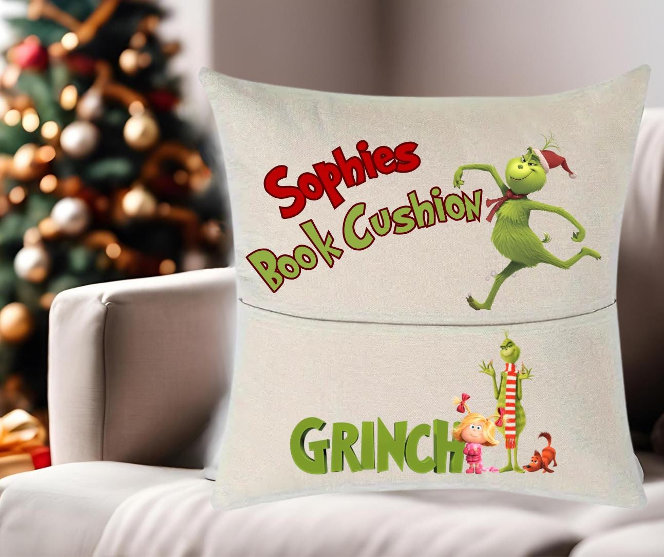 Personalized Grinch Reading Pillow – Kids Book Cushion with Pocket