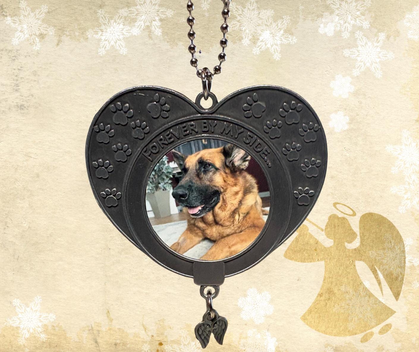 Personalised Pet Memorial Charm: Double Sided Heart with Hanging Chain - Pawprint Design & Angel Wings - Forever By My Side Tribute