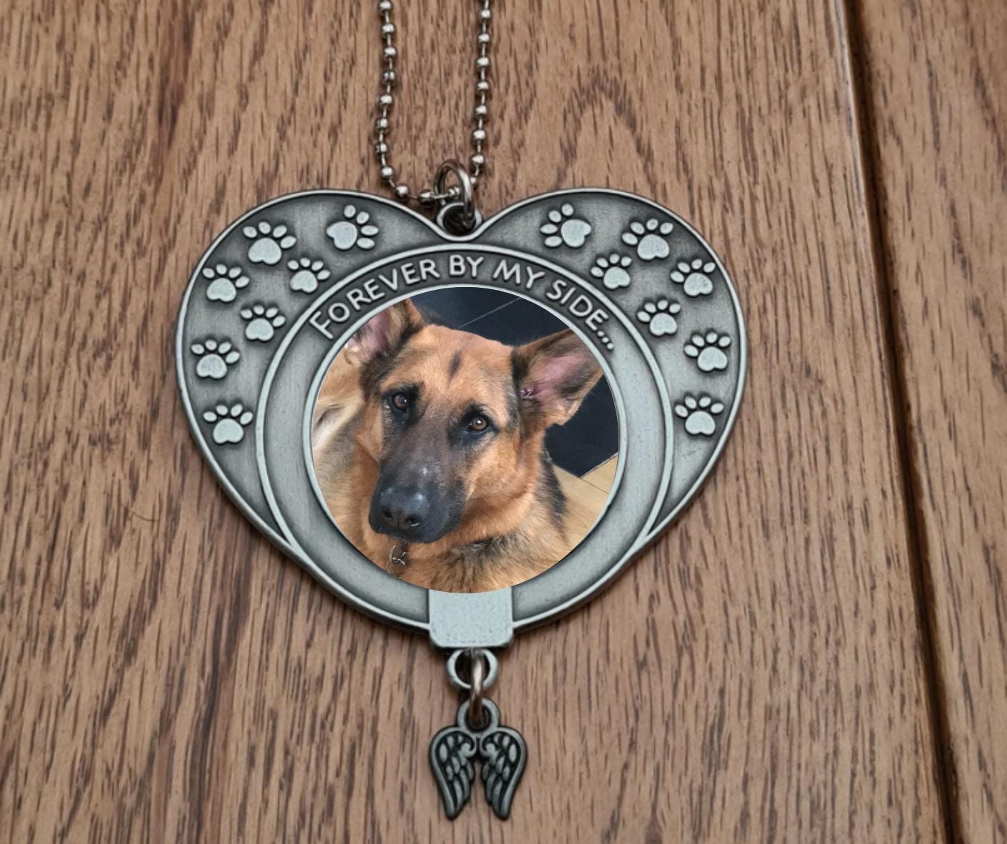 Personalised Pet Memorial Charm: Double Sided Heart with Hanging Chain - Pawprint Design & Angel Wings - Forever By My Side Tribute