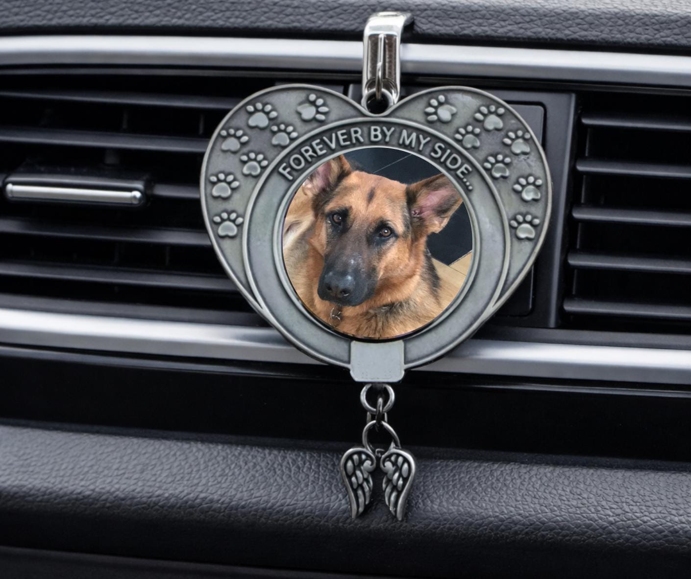 Personalised Pet Memorial Charm: Double Sided Heart with Hanging Chain - Pawprint Design & Angel Wings - Forever By My Side Tribute