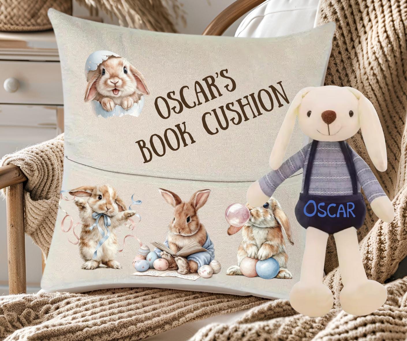 Personalized Easter Bunny Book Cushion with Built-in Pocket for Young Readers & Cozy Reading Nook Décor