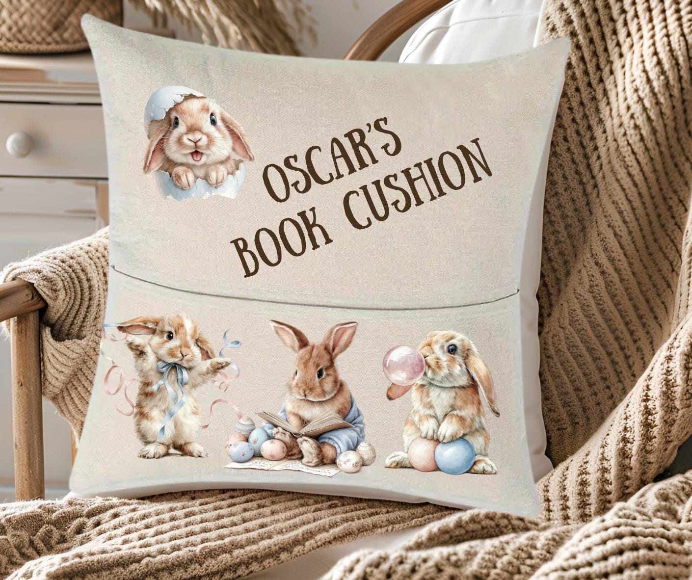 Personalized Easter Bunny Book Cushion with Built-in Pocket for Young Readers & Cozy Reading Nook Décor