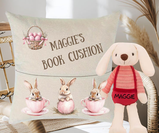 Cheerful Easter Bunny Book Cushion with Personalised Name for Young Readers
