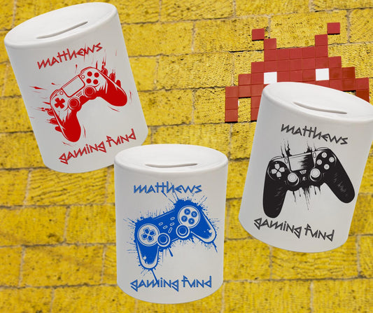 Personalised Ceramic Kids Piggy Bank for Gaming Fund - Money Box for Saving for Video Games