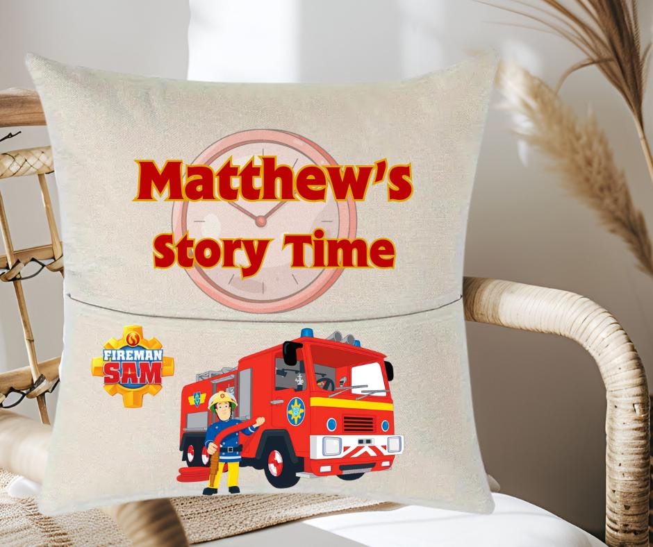 Personalised Fireman Sam Storytime Cushion – Kids Book cushion - Pocket cushion