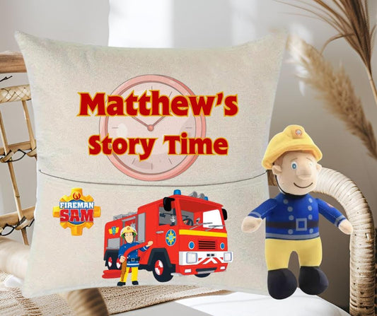 Personalised Fireman Sam Storytime Cushion – Kids Book cushion - Pocket cushion