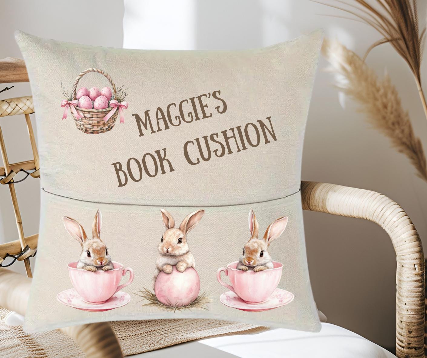 Cheerful Easter Bunny Book Cushion with Personalised Name for Young Readers