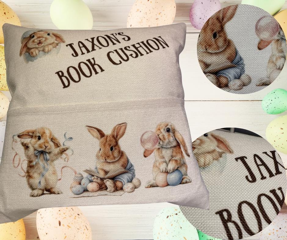 Personalised Easter Bunny Book Cushion with Built-in Pocket - Reading Cushion