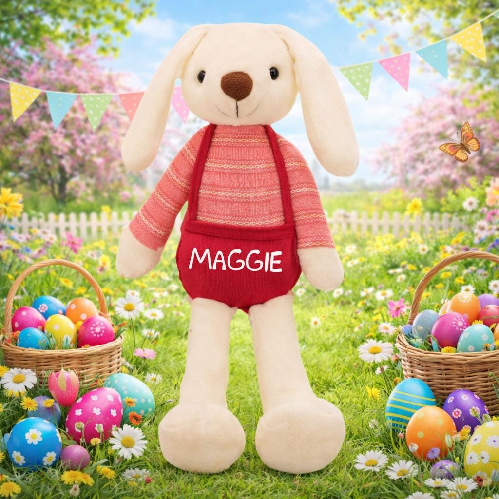 Cheerful Easter Bunny Book Cushion with Personalised Name for Young Readers