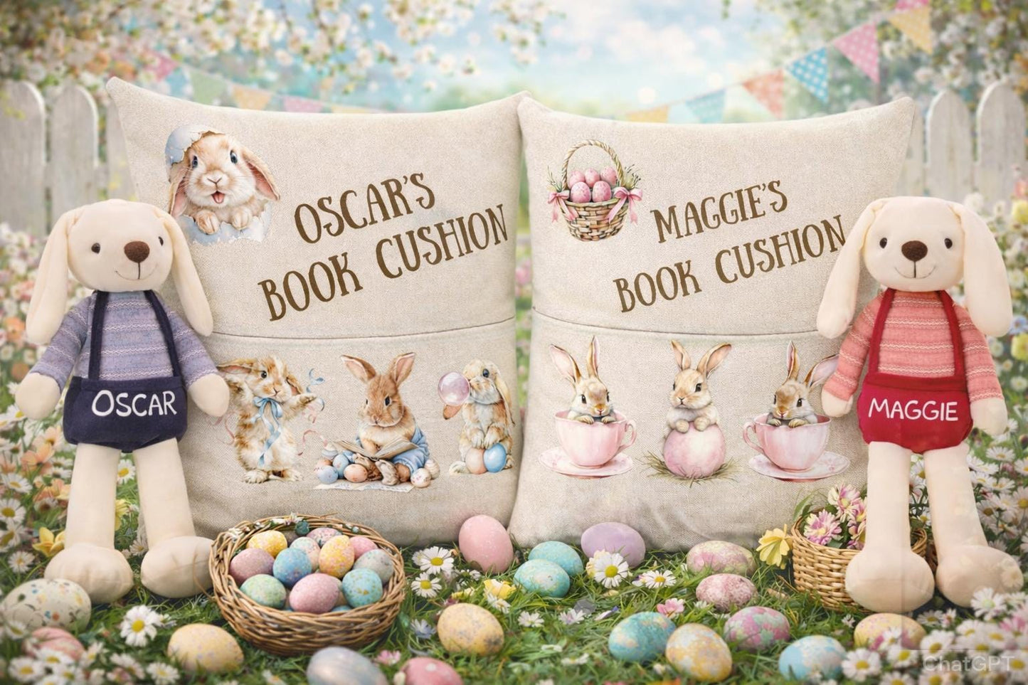 Cheerful Easter Bunny Book Cushion with Personalised Name for Young Readers