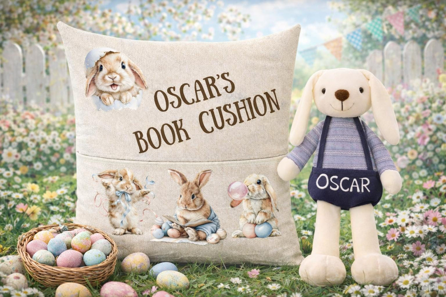 Personalised Easter Bunny Book Cushion with Built-in Pocket - Reading Cushion