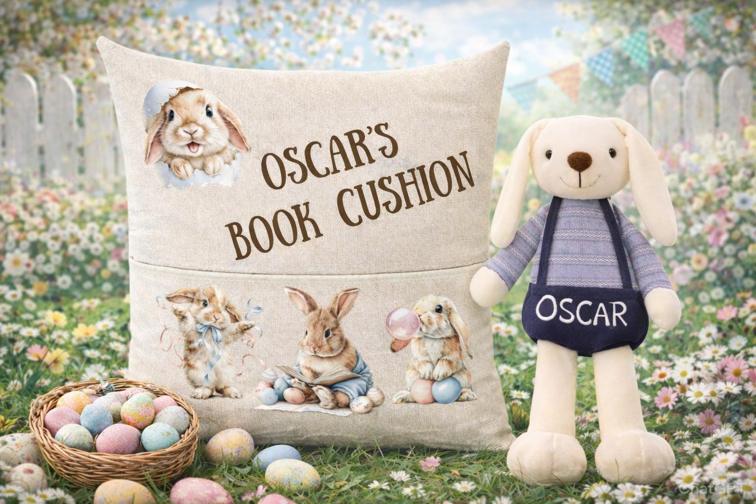 Personalised Easter Bunny Book Cushion with Built-in Pocket - Reading Cushion