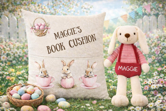 Cheerful Easter Bunny Book Cushion with Personalised Name for Young Readers