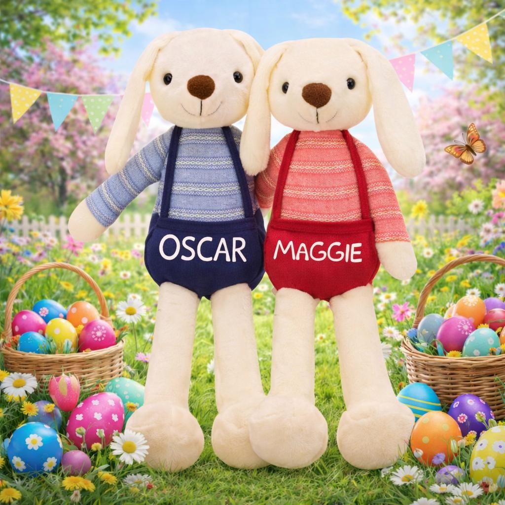 Cheerful Easter Bunny Book Cushion with Personalised Name for Young Readers