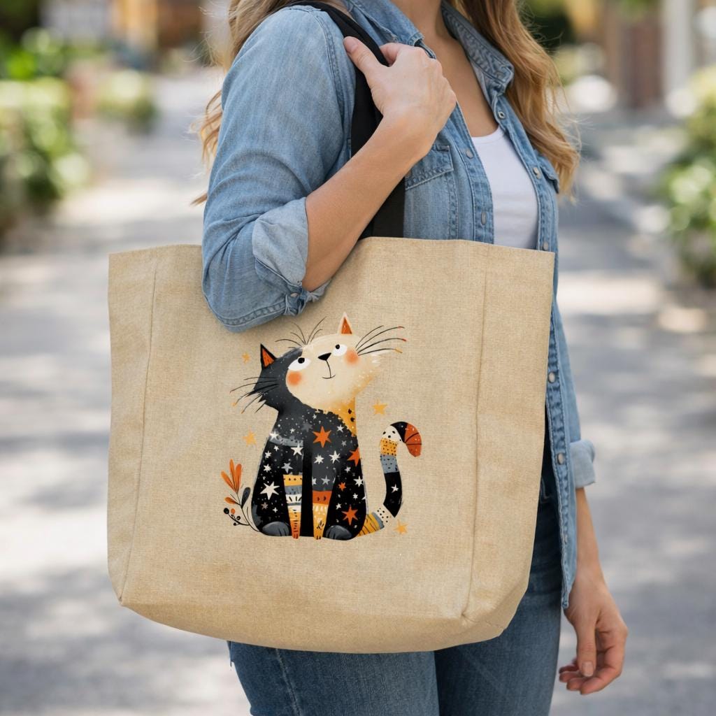 Quirky Cat lovers Burlap Jute Shopping Bag – Stylish Reusable Grocery Tote