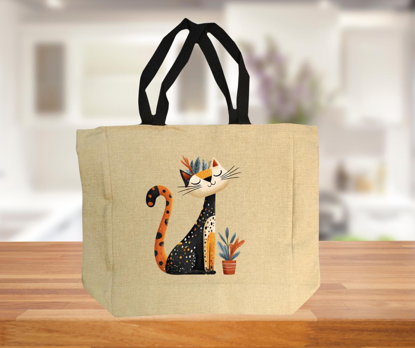 Quirky Cat lovers Burlap Jute Shopping Bag – Stylish Reusable Grocery Tote