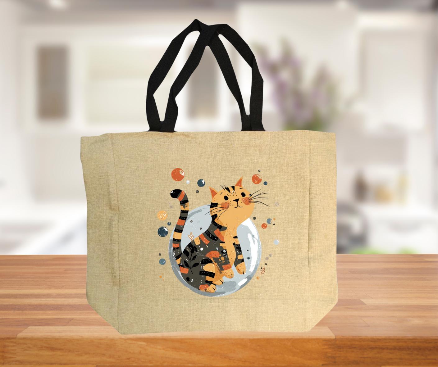 Quirky Cat lovers Burlap Jute Shopping Bag – Stylish Reusable Grocery Tote