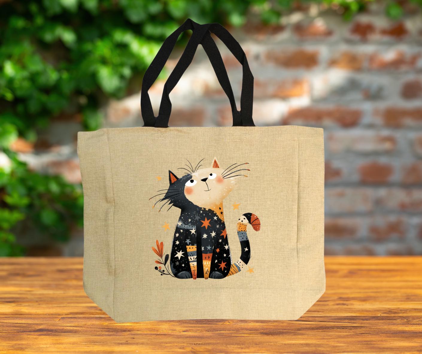 Quirky Cat lovers Burlap Jute Shopping Bag – Stylish Reusable Grocery Tote