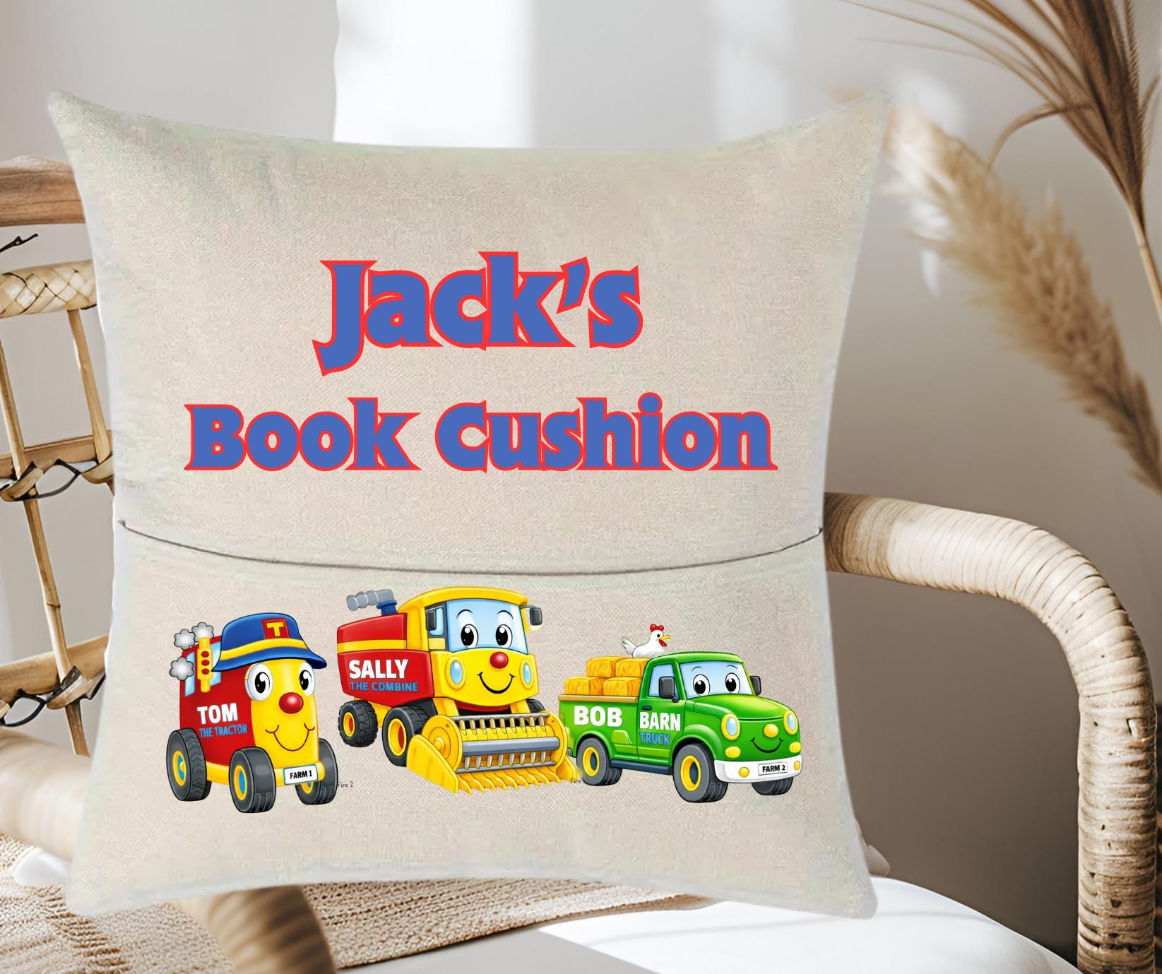 Personalised Tractor Reading Cushion - Custom Farm-Themed Cushion with Child's Name