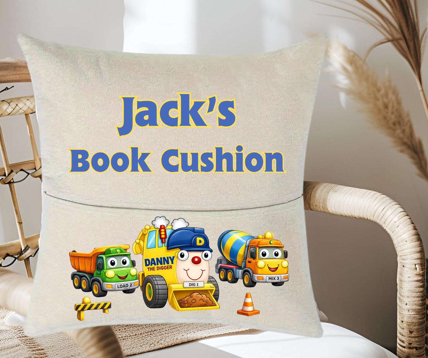 Personalised Cute Digger Reading Cushion for Kids - Custom Name Gift