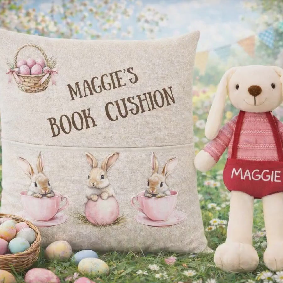 Cheerful Easter Bunny Book Cushion with Personalised Name for Young Readers