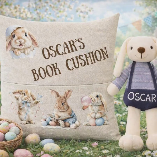 Personalised Easter Bunny Book Cushion with Built-in Pocket - Reading Cushion