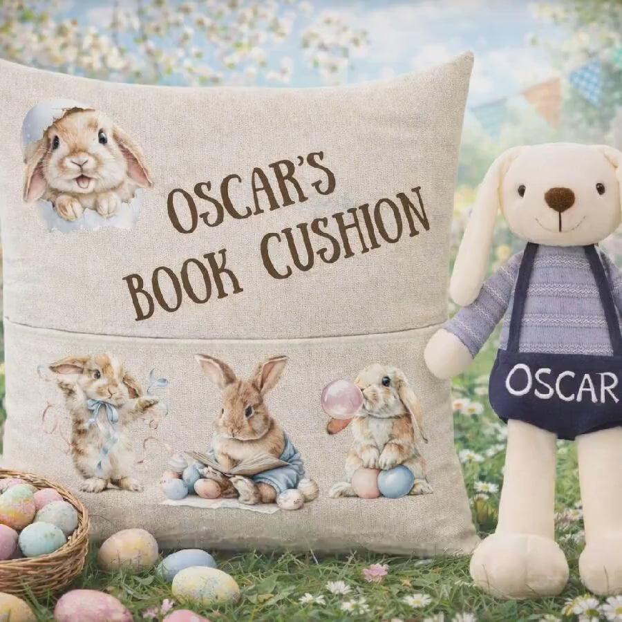 Personalised Easter Bunny Book Cushion with Built-in Pocket - Reading Cushion